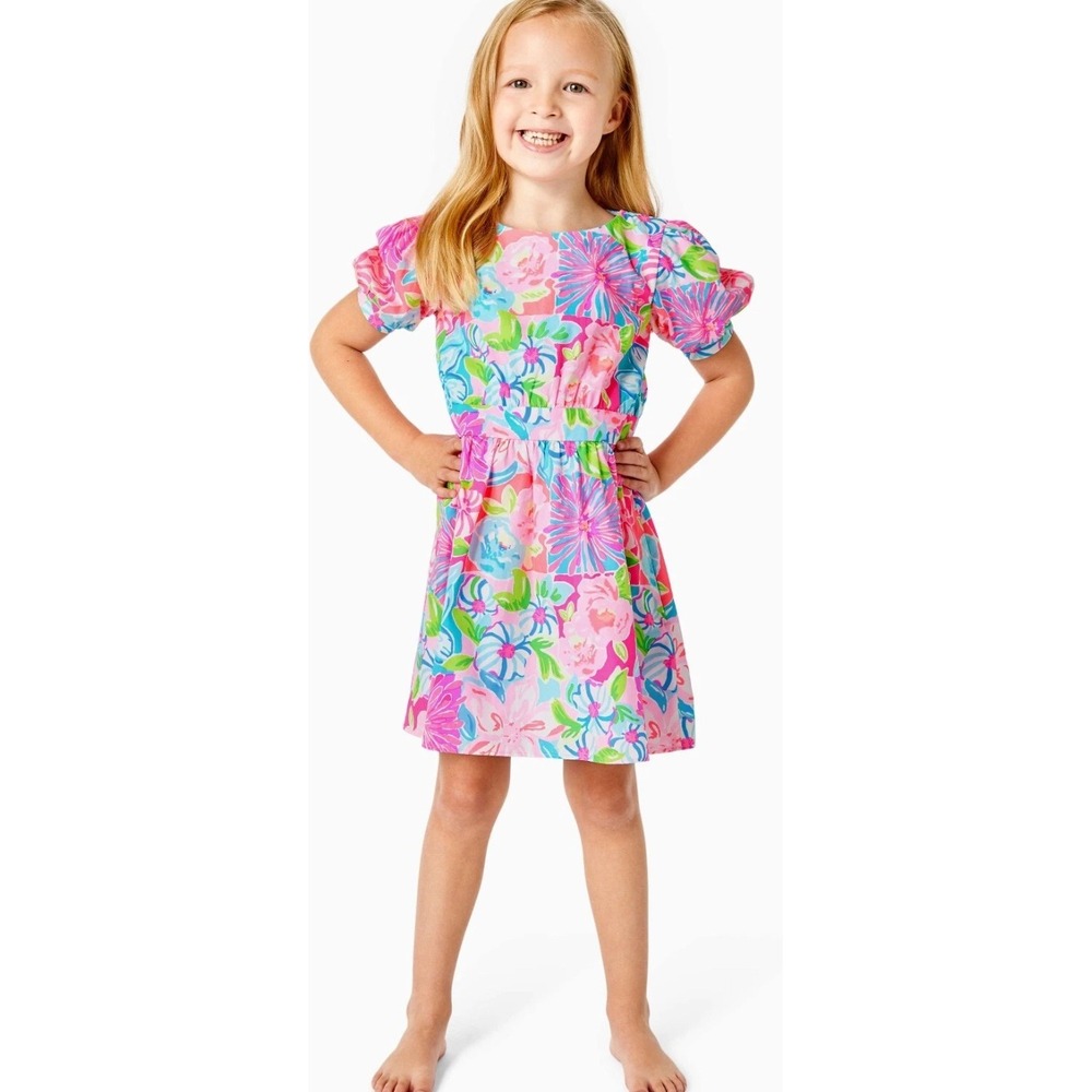 Lilly Pulitzer Girls Floral Puff Sleeve Dress Size 10 Colorful